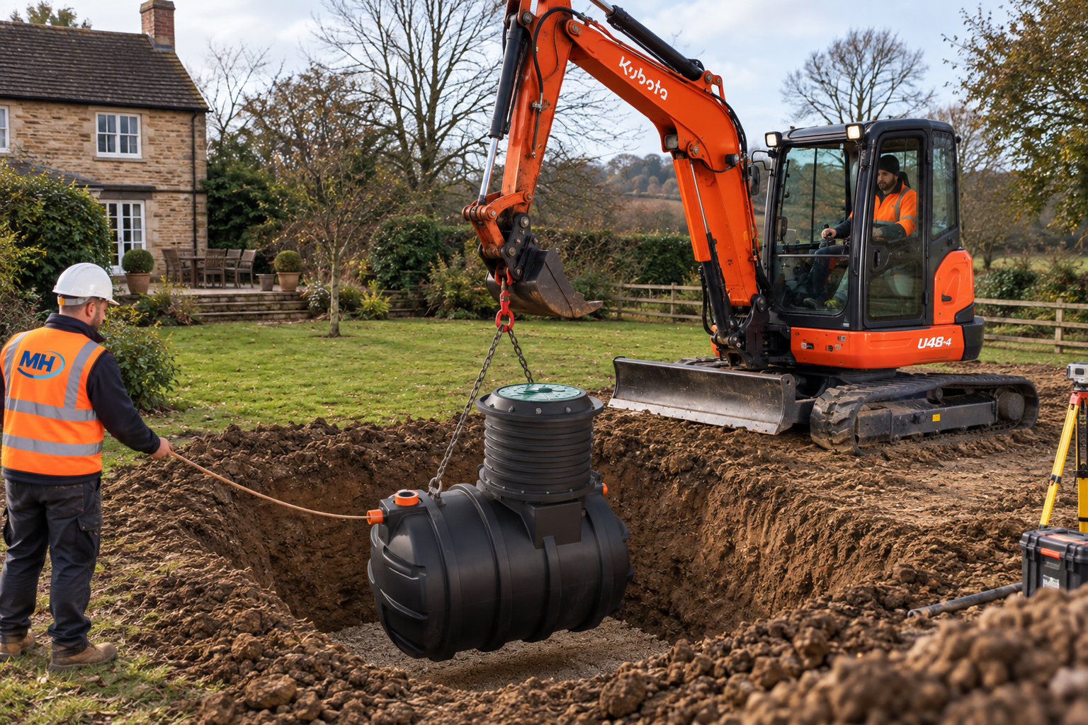 Rural sewage treatment plant installation with an excavator and a worker guiding the tank